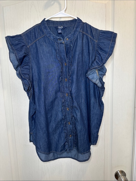 Chaps Tops - chaps sleeveless denim button down with ruffle detail M